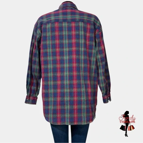 Vintage NorthCrest Plaid Distressed Flannel Mens LARGE Pocket Fall Button Shirt - Picture 5 of 8